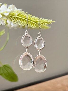 Crystal Drop Dangle Earrings - Clear / Sterling Silver 925